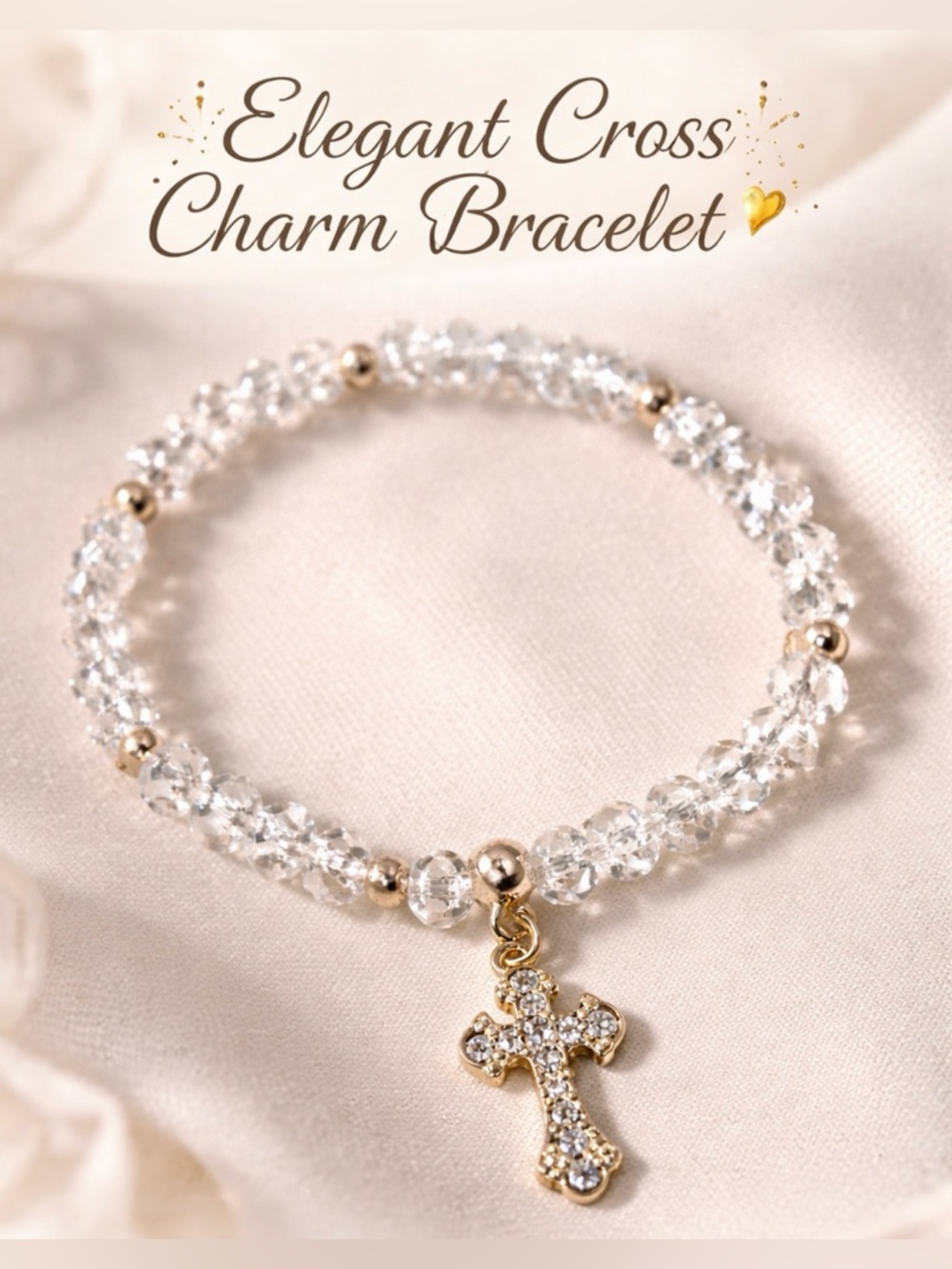Gold Cross Charm Bracelet with Clear Beads